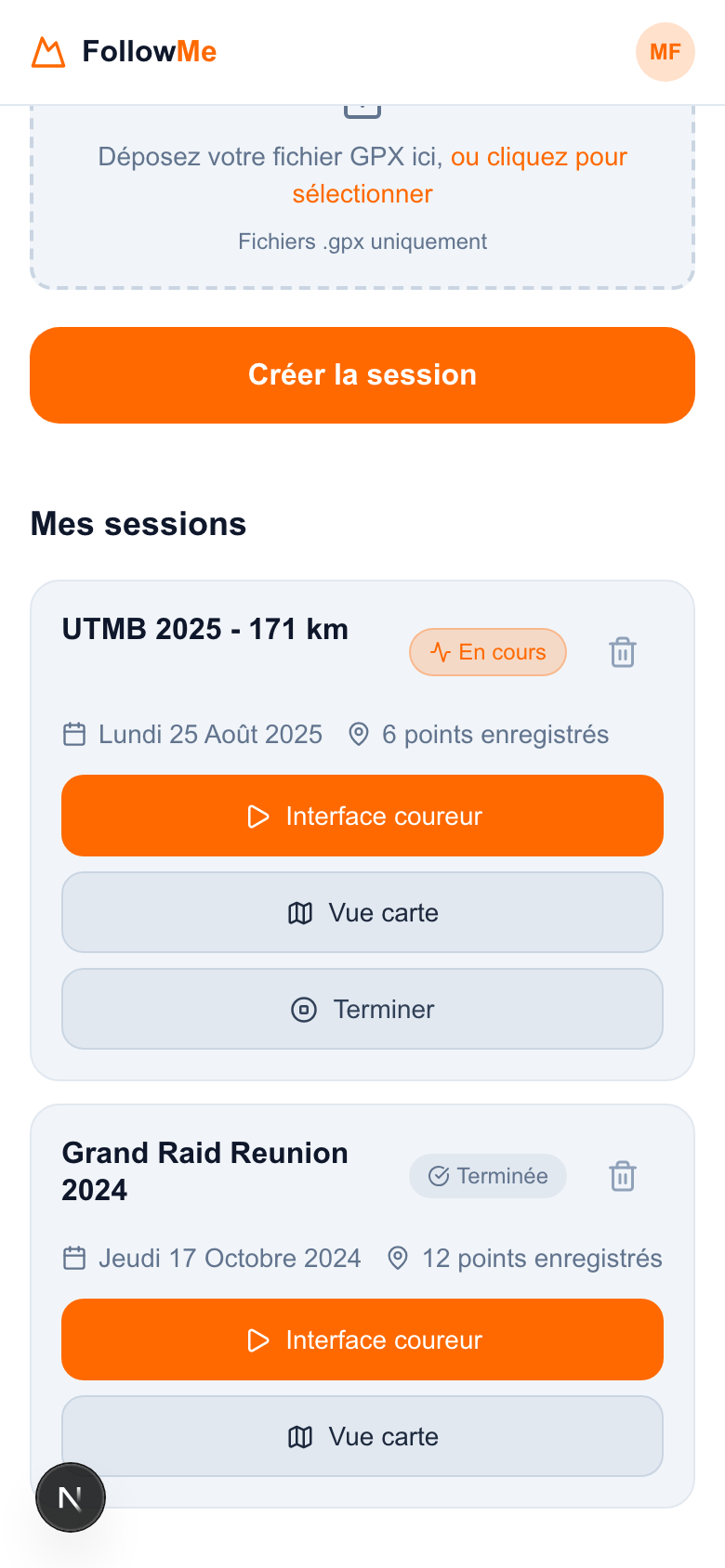 Dashboard liste des sessions