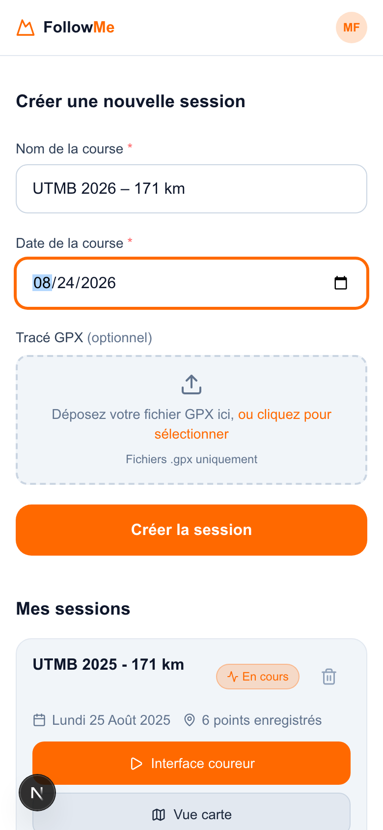 Formulaire de création de session
