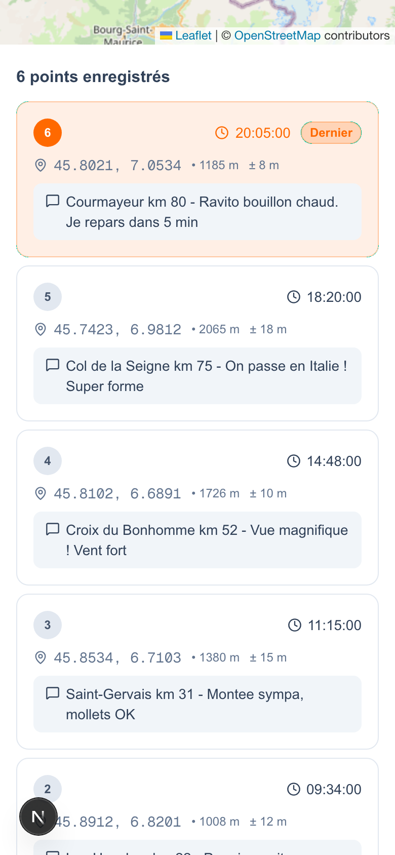 Liste des points avec commentaires