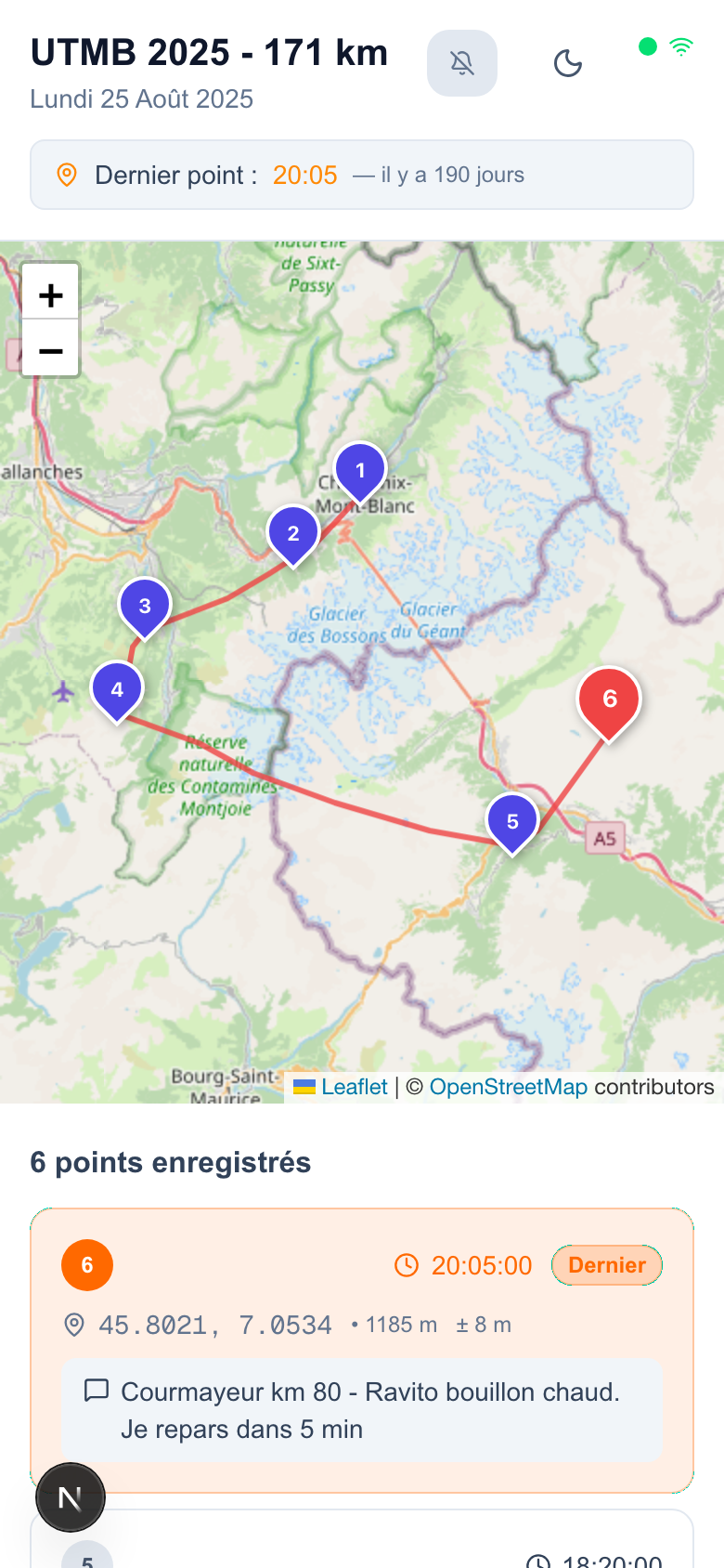 Carte avec tracé GPX en surbrillance et marqueurs GPS